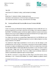 Letter to the Minister for Housing about amendments to Homelessness Legislation 